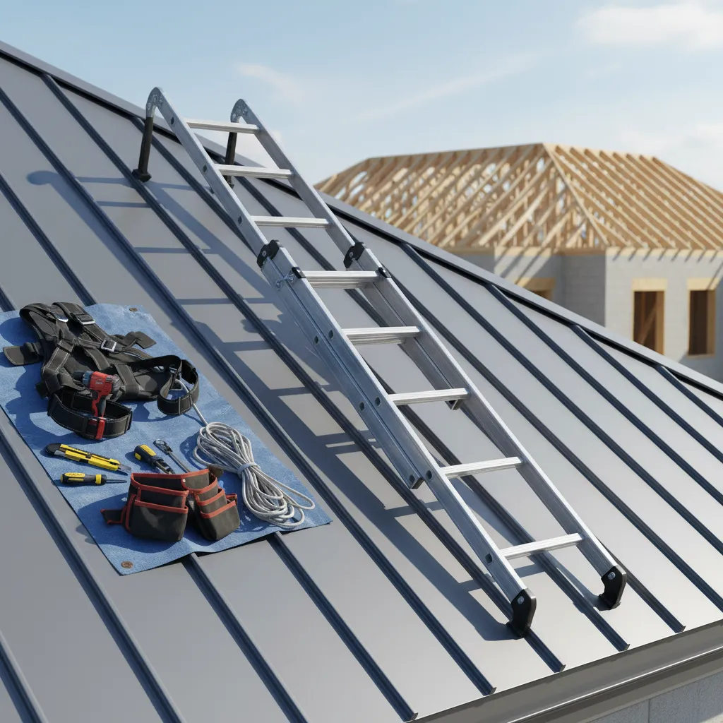 Roofing ladder with hooks, stabilizer, and safety gear on metal roof