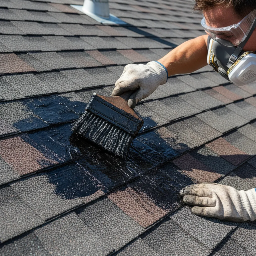worker applying roofing tar patch with protective mask on roof