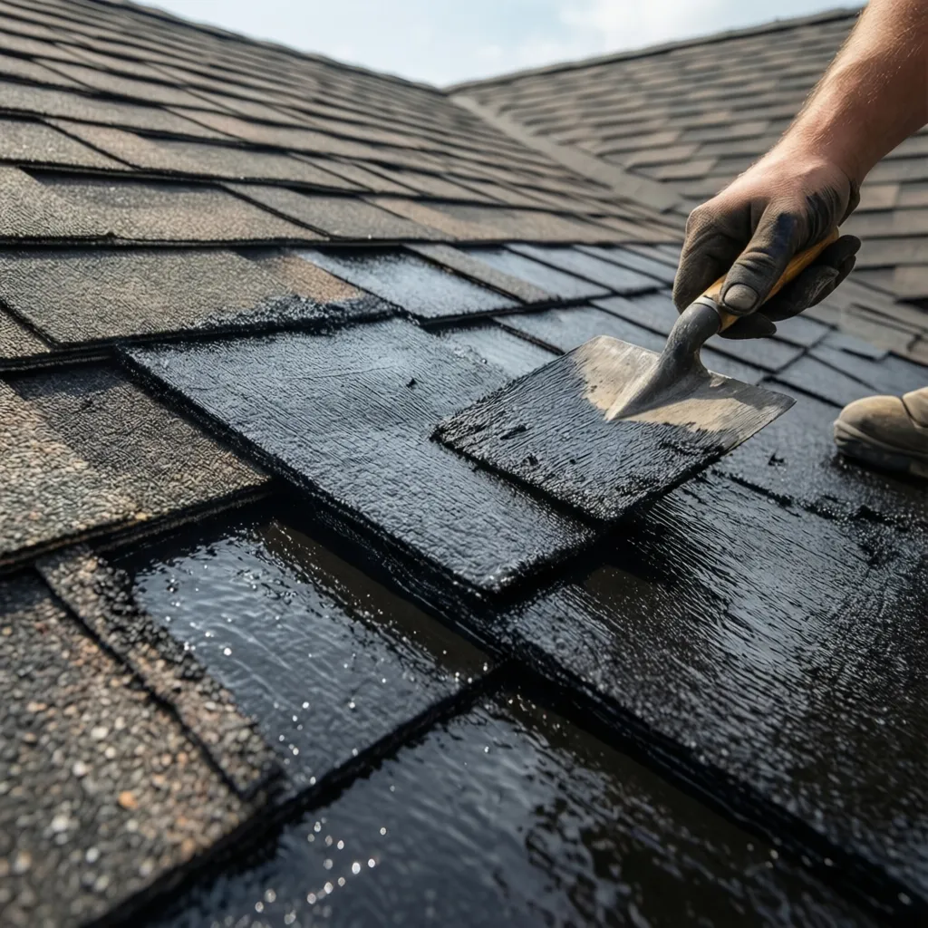 Layered roofing tar application with reinforcement fabric