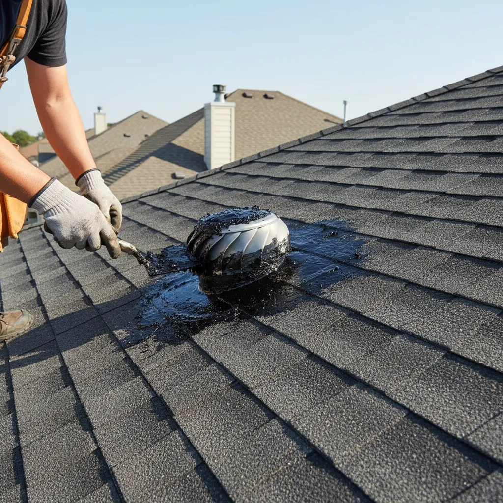 Roofing tar applied to patch a small roof leak around flashing