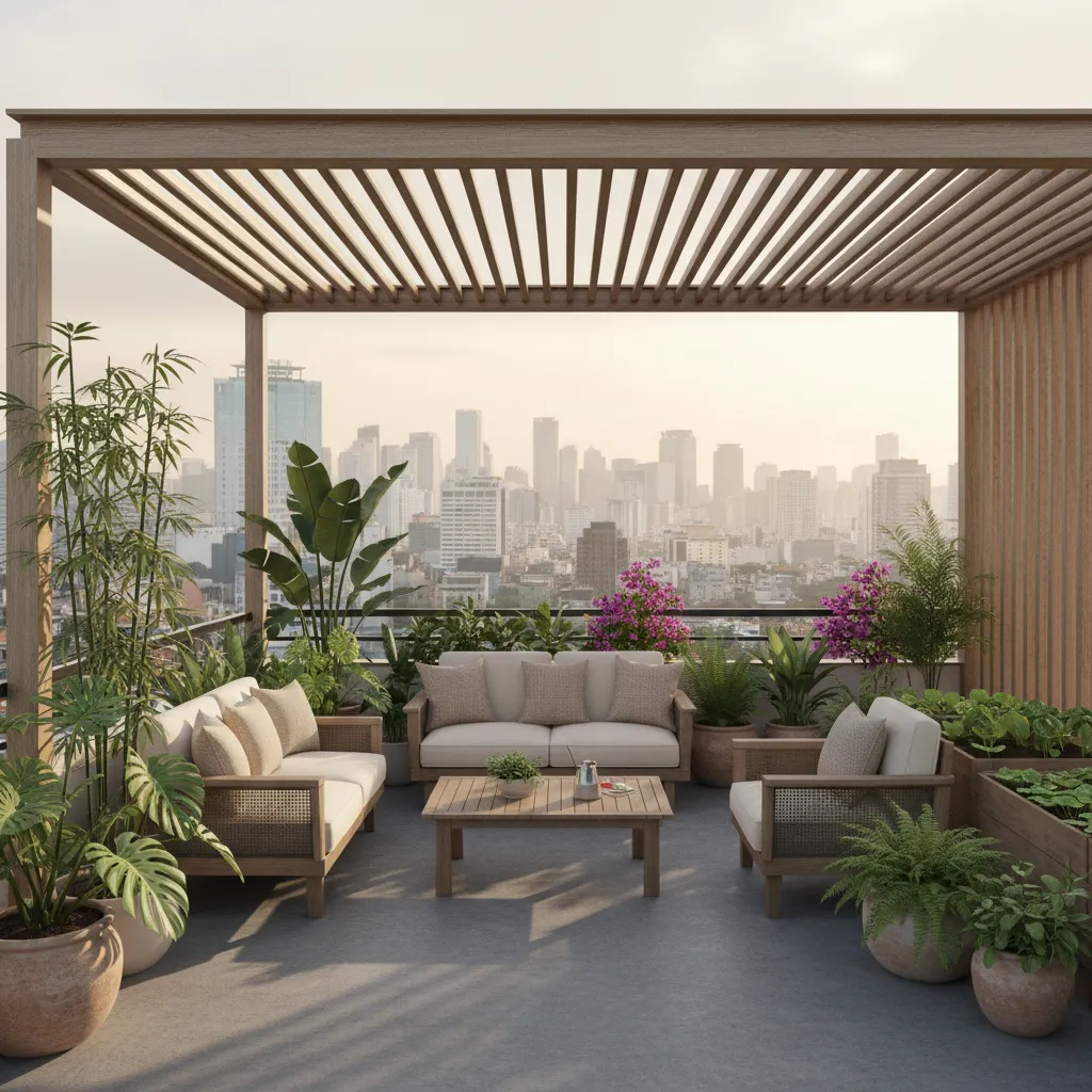 Modern rooftop terrace with wooden roof structure, outdoor sofas, coffee table, plants, and city view