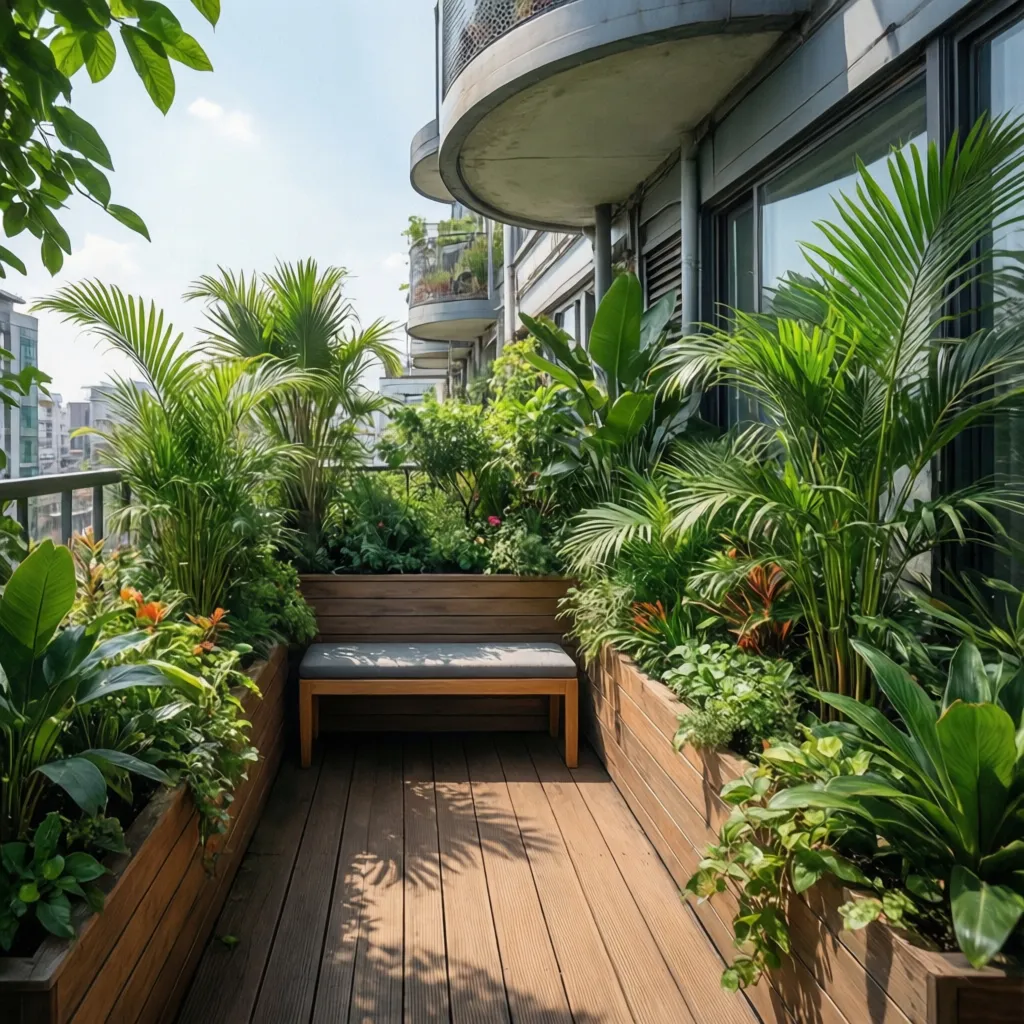 Narrow balcony garden with wooden bench, wood floor, and lush green plants in wooden planters