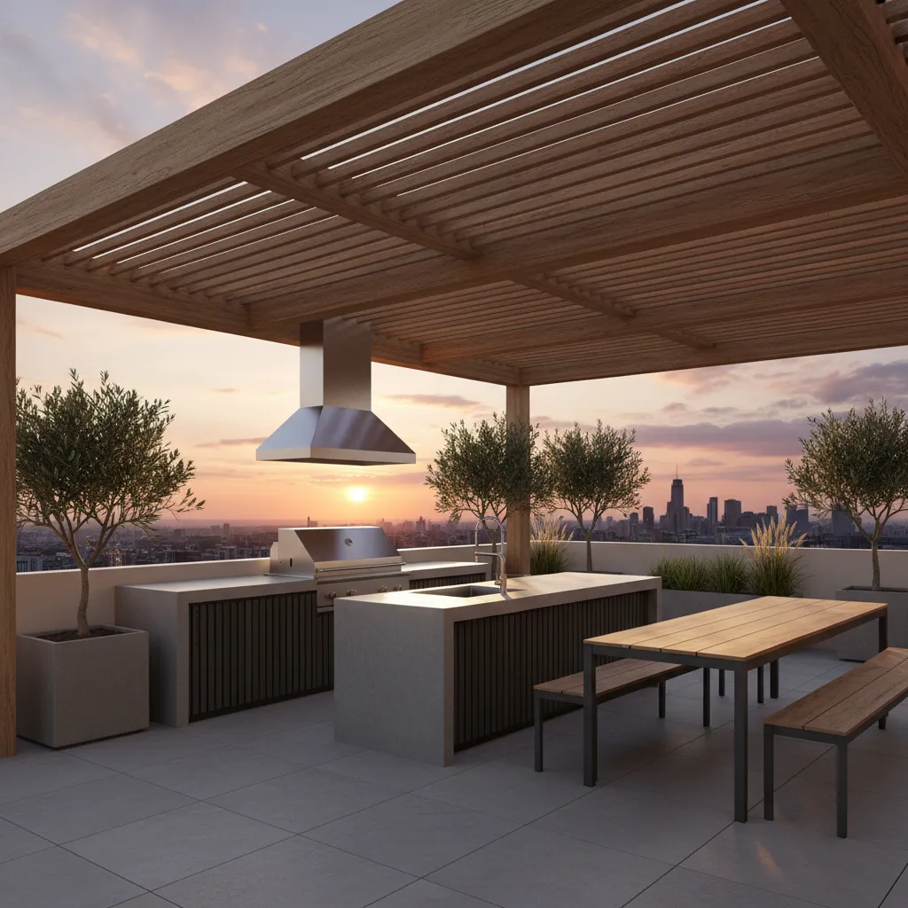 Bếp sân thượng có mái pergola che nắng