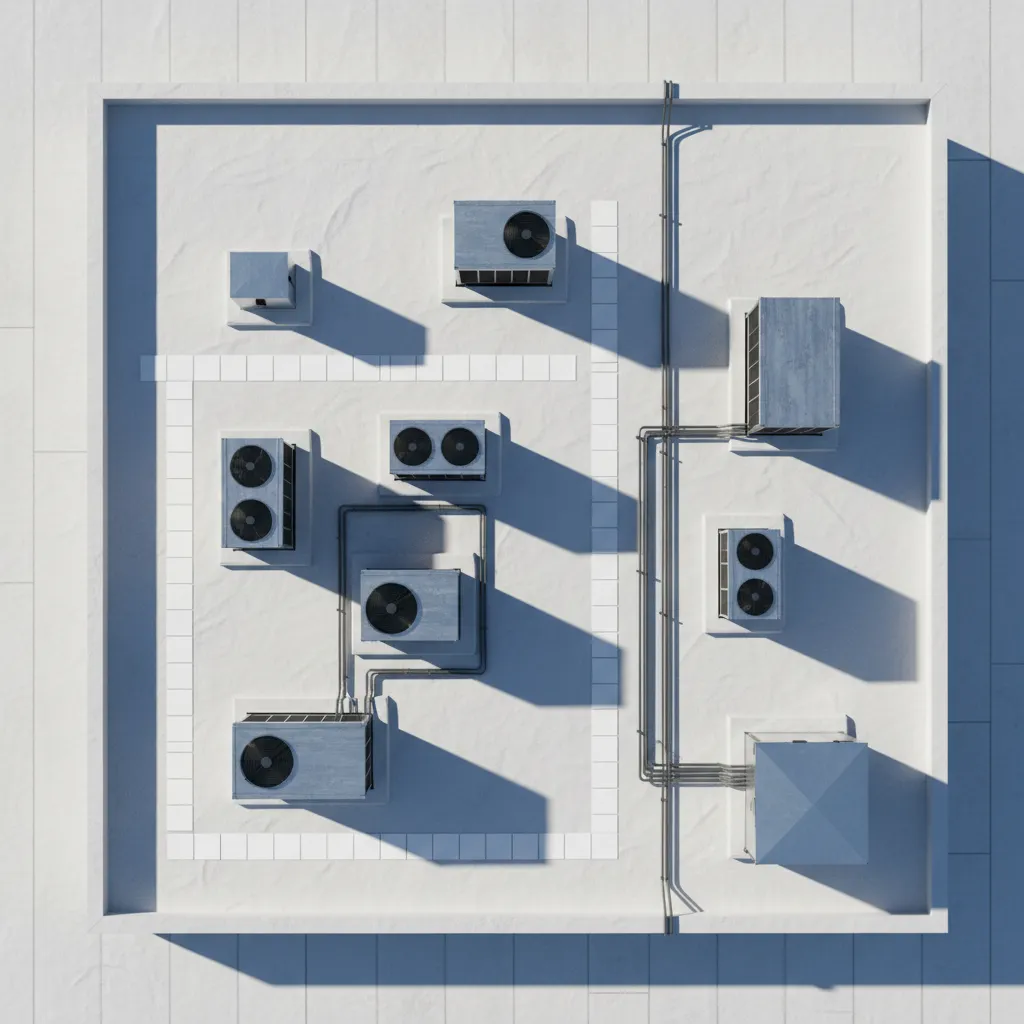 Planned rooftop maintenance route with walkway pads between equipment