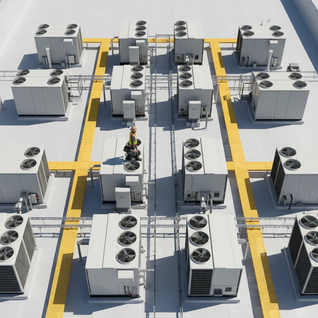 Commercial rooftop showing technician walking paths and maintenance zones