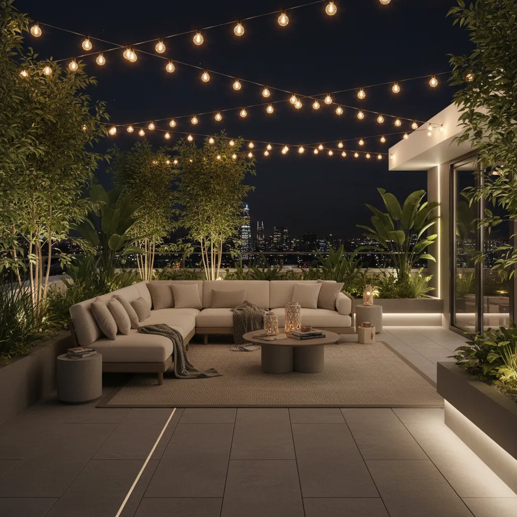 Ánh sáng sân thượng nhà ống vào buổi tối