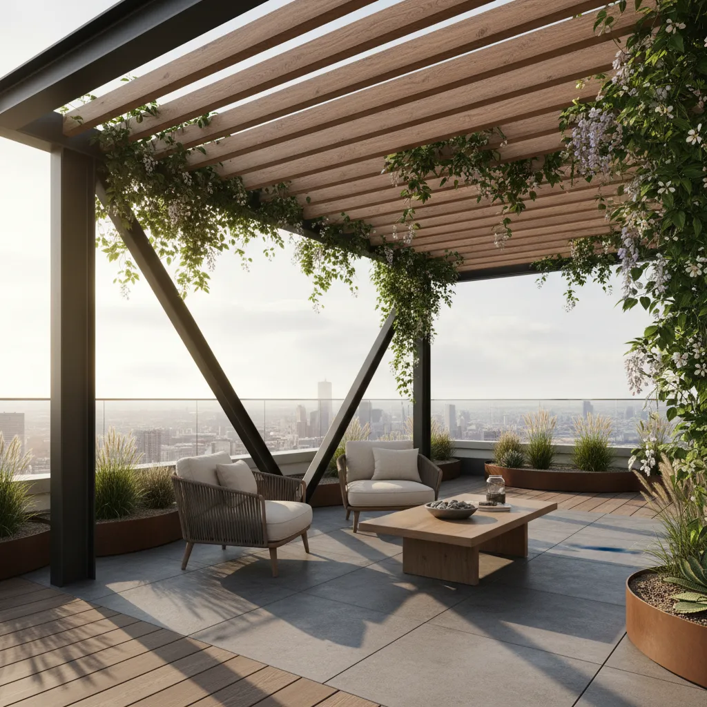 Sân thượng với mái pergola và cây leo