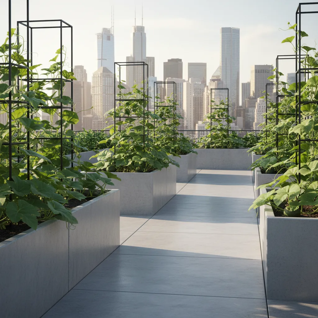 Rooftop garden layout with pumpkin containers and trellis system