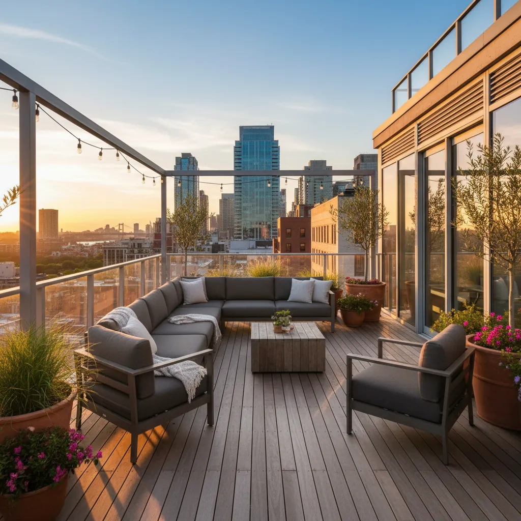 Modern rooftop terrace with grey sofa wooden deck city view at sunset and potted plants