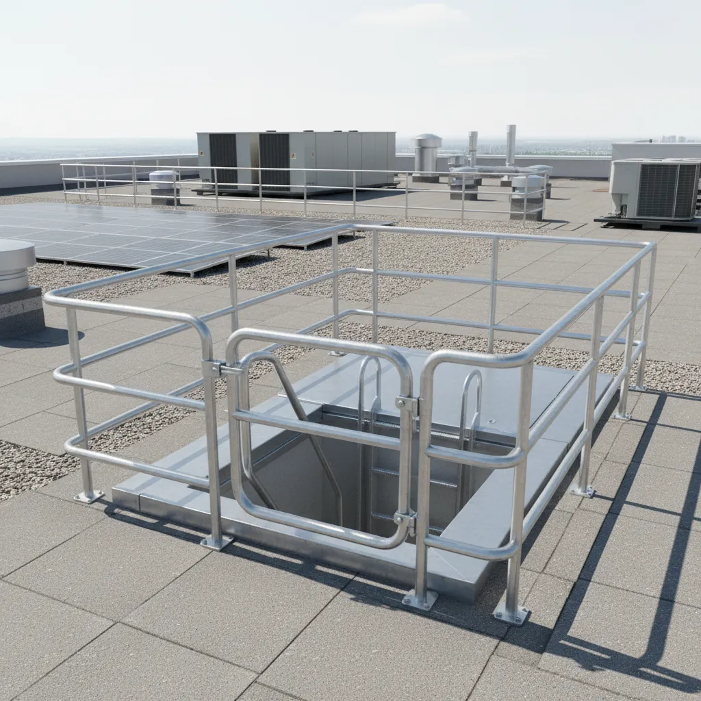 Commercial rooftop safety guardrails and access ladder system