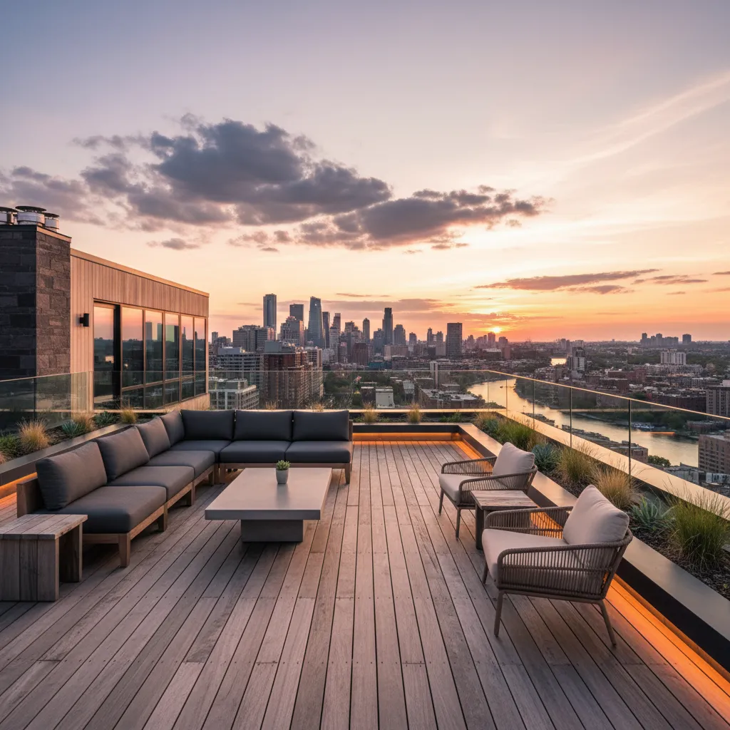 Terraza en la azotea de una casa de cuatro pisos con zona de descanso