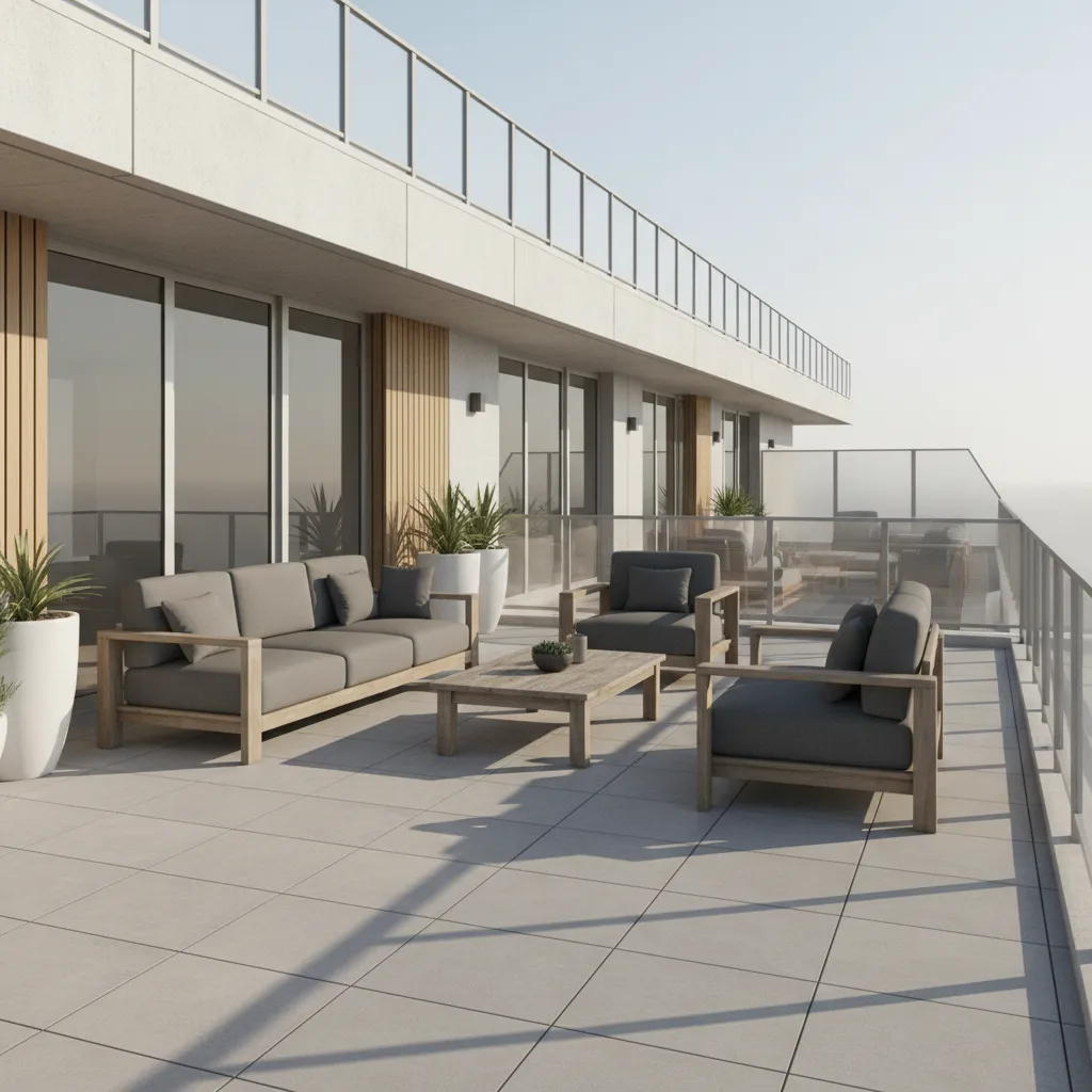 Architectural view of a modern rooftop terrace with durable flooring and seating