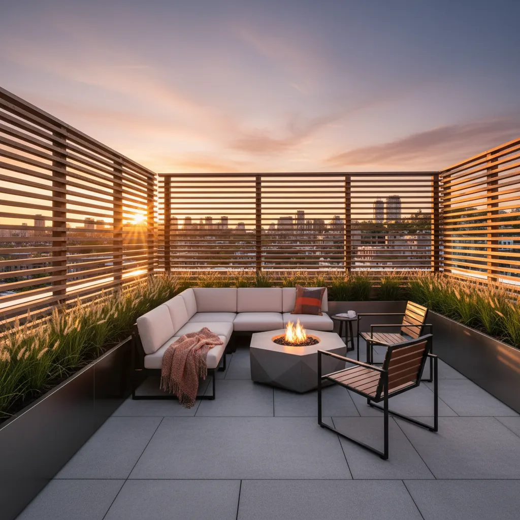 Second floor terrace with wooden privacy screens and vertical plants