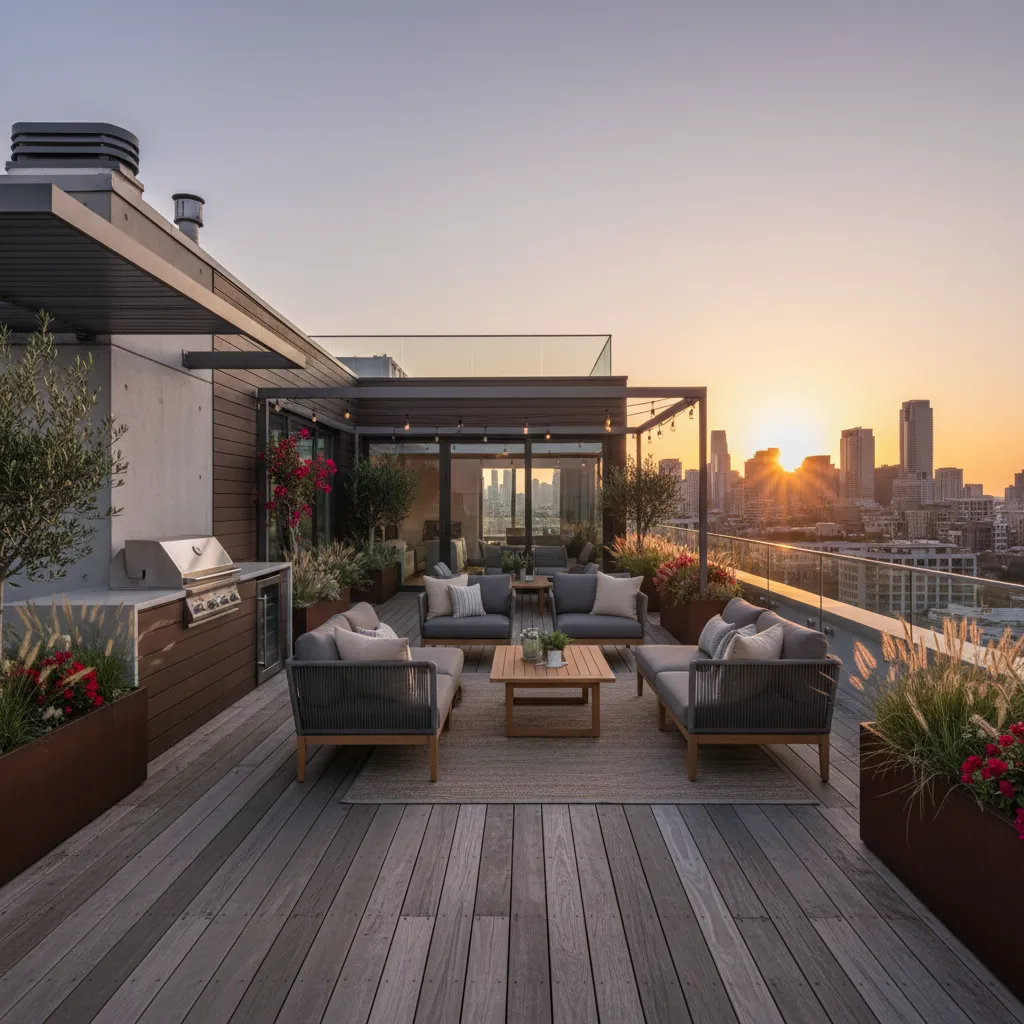 Terraza en azotea de casa pequeña de tres pisos con zona de descanso
