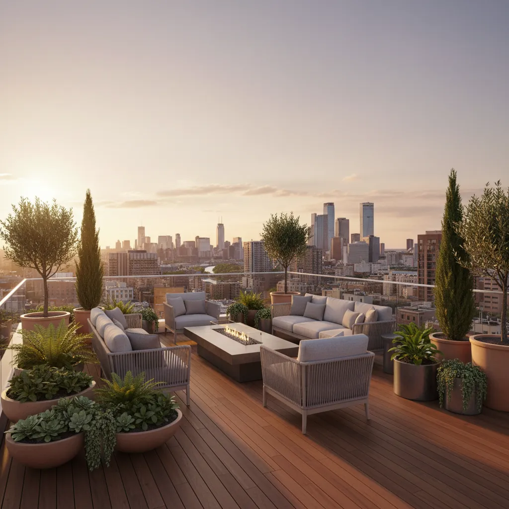 rooftop terrace balcony on a three storey house with outdoor seating