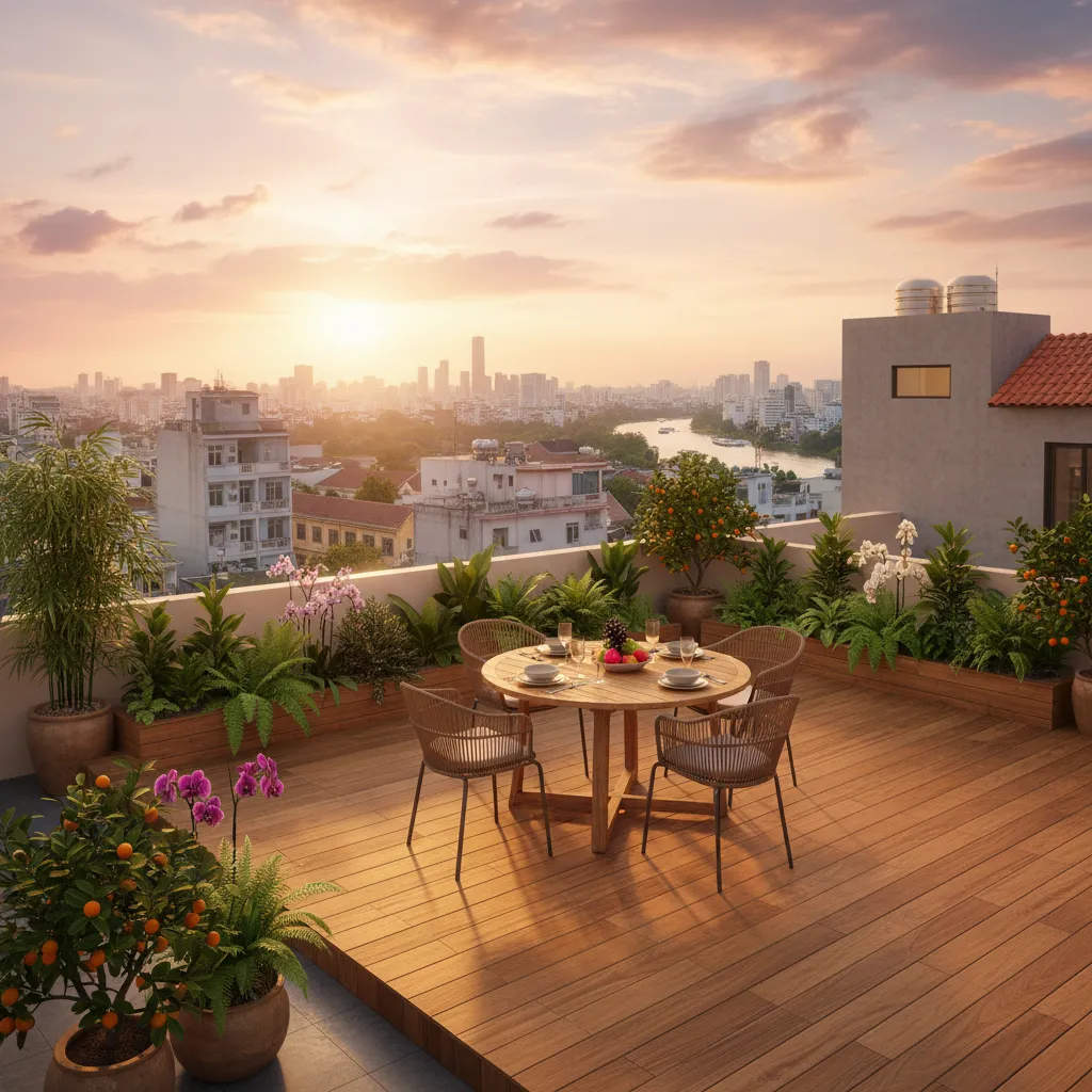 Sân thượng xanh trên tầng tum nhà ống