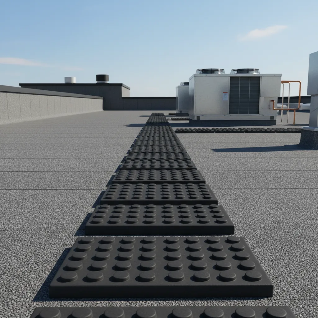 Protective walkway pads installed on a commercial flat roof