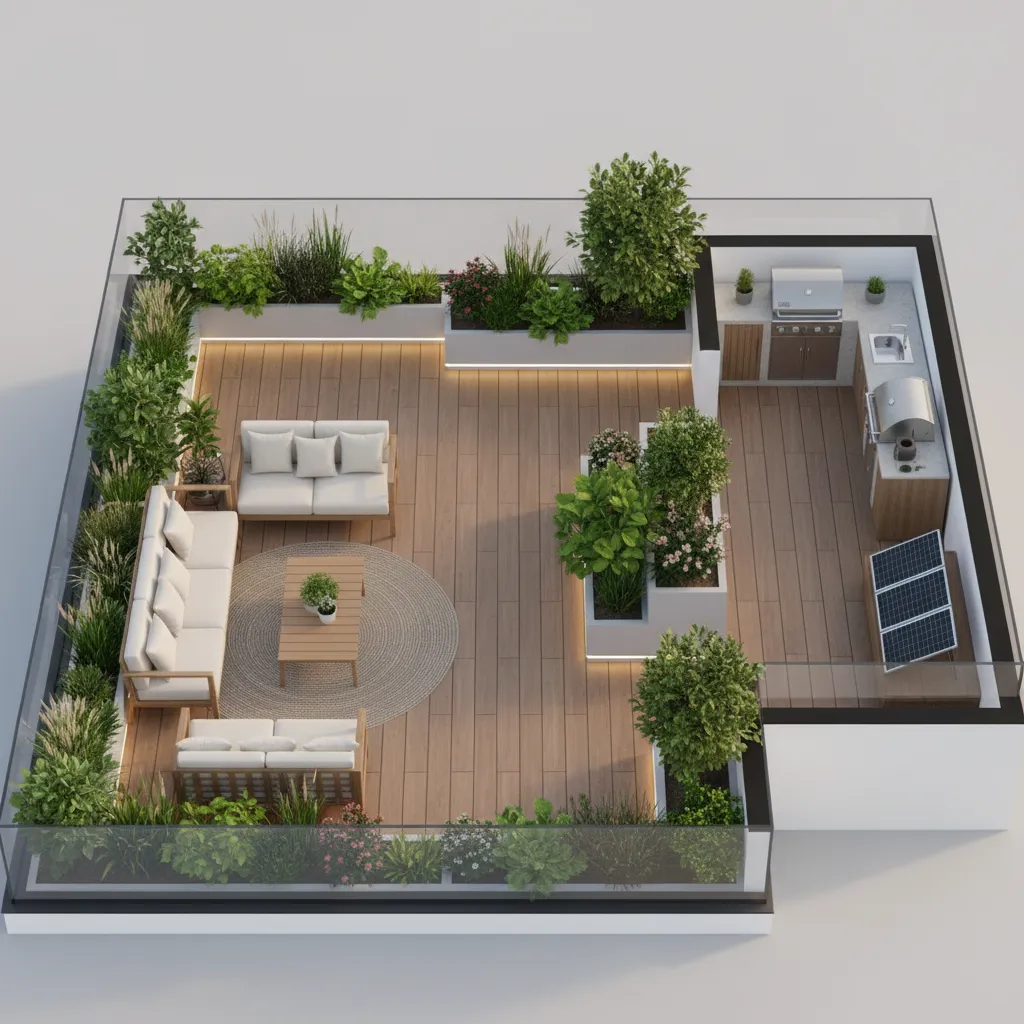 Rooftop room layout with wood floor white sofas outdoor kitchen solar panels and green plants