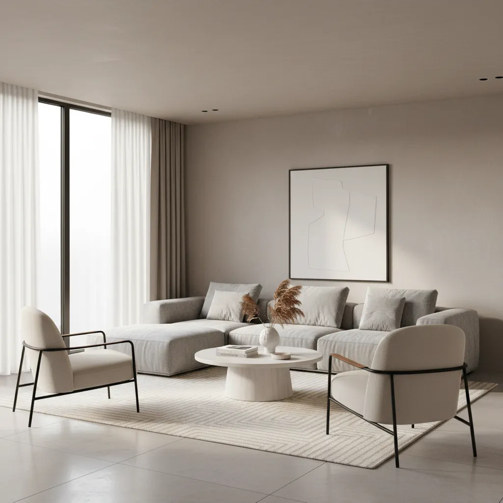 Room 3D render preview showing modern living room furniture layout and lighting