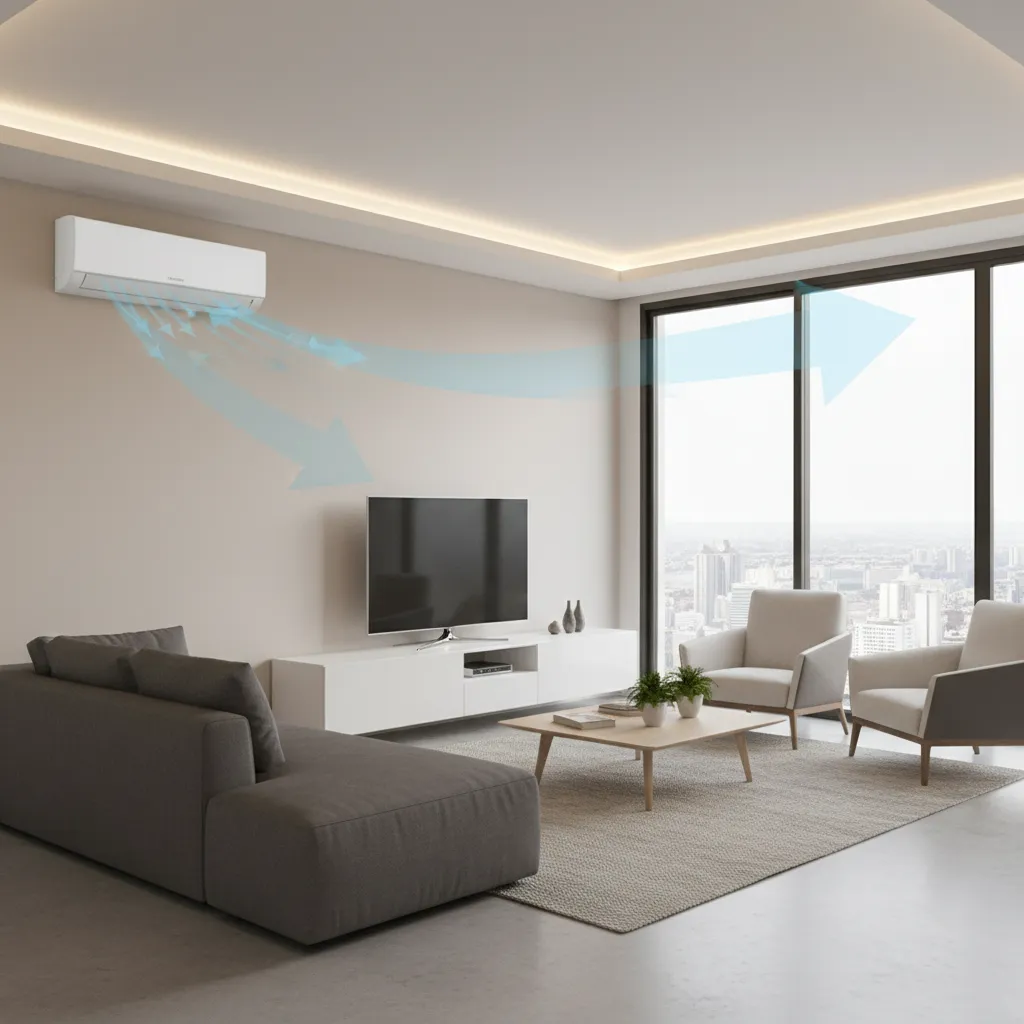 Interior room showing air conditioner airflow circulation across the space