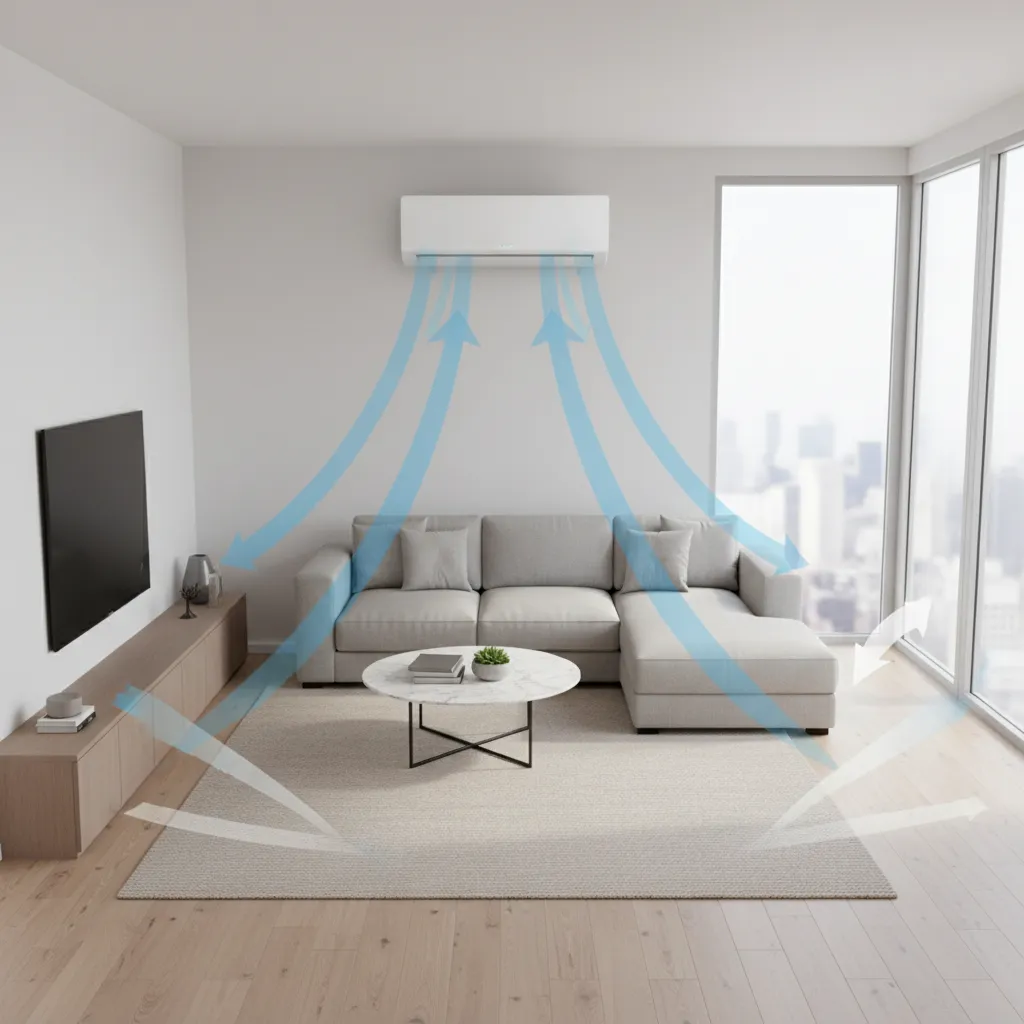 Living room layout showing airflow direction from air conditioner