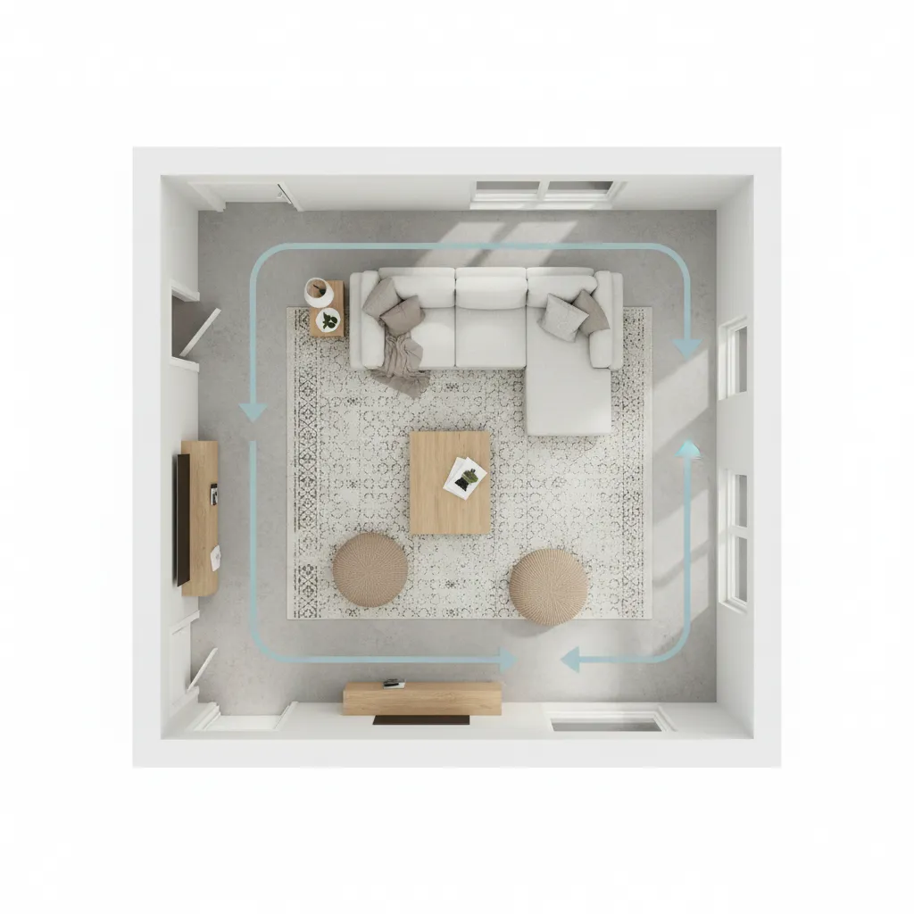 living room floor plan diagram showing circulation paths furniture zones and focal point