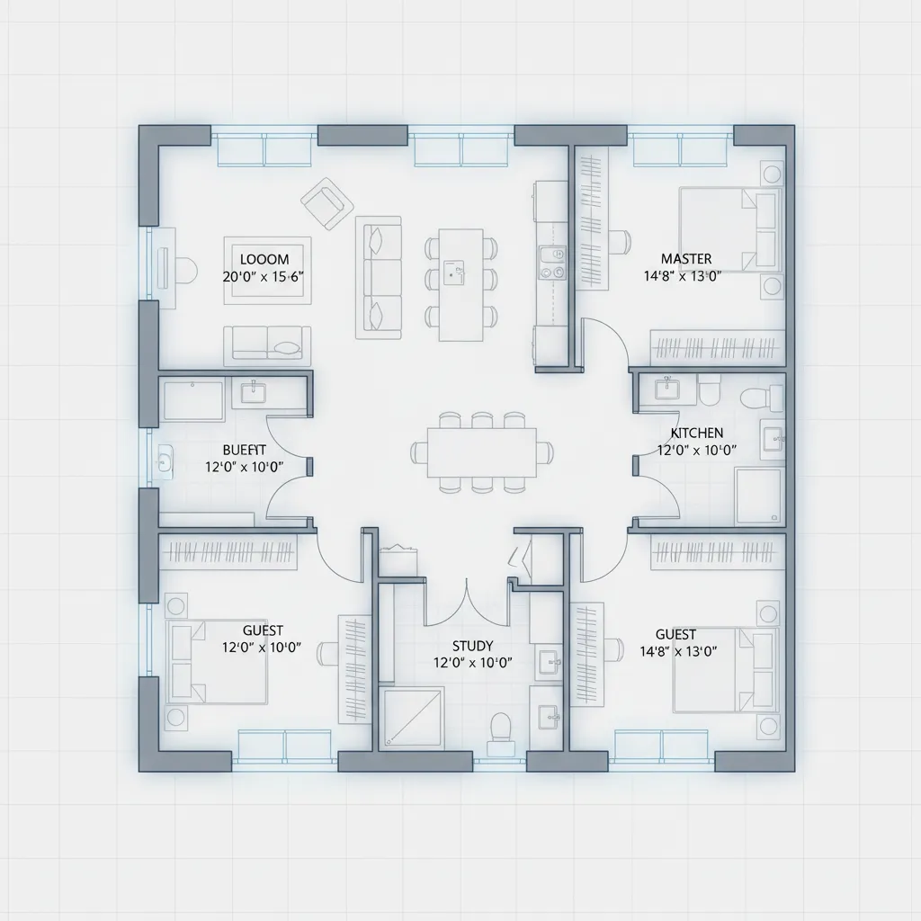 detailed home floor plan highlighting each room perimeter for baseboard measurement