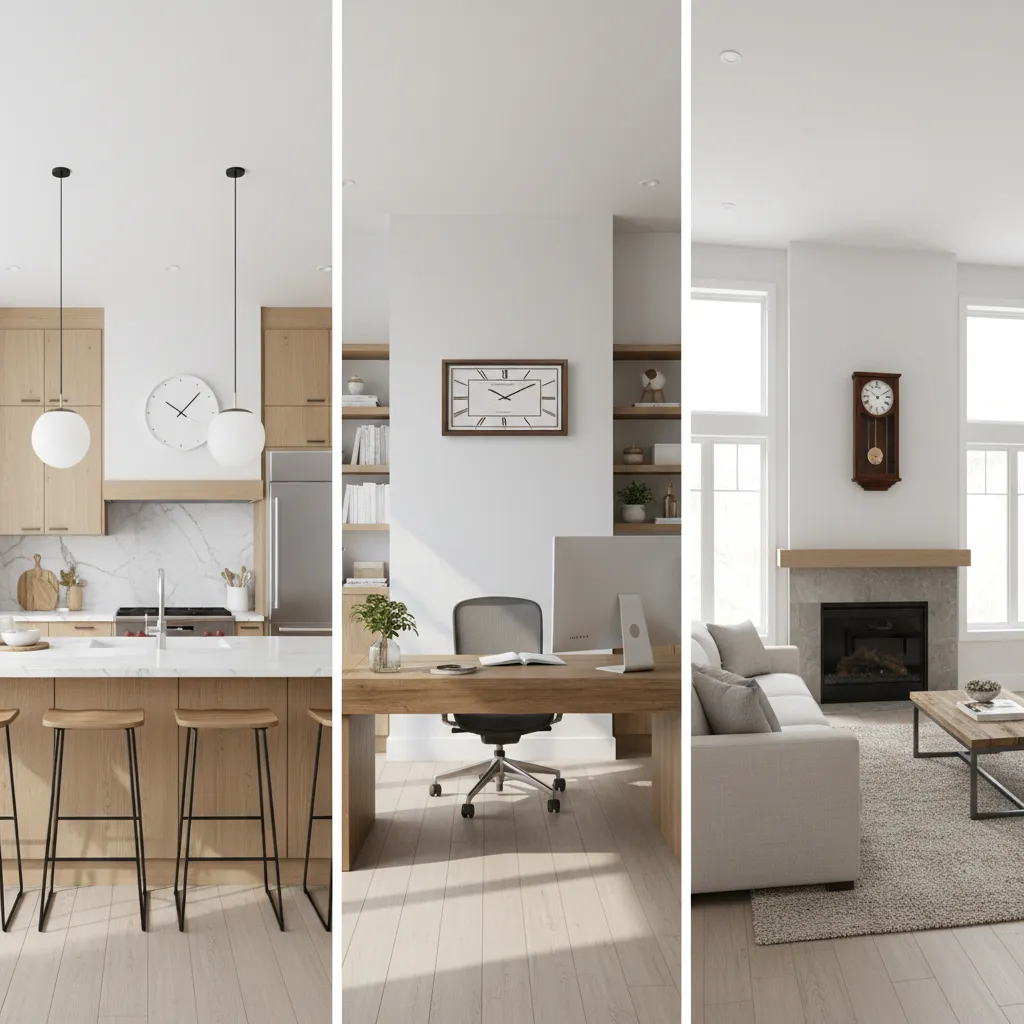 Examples of wall clock placement in kitchen living room and office