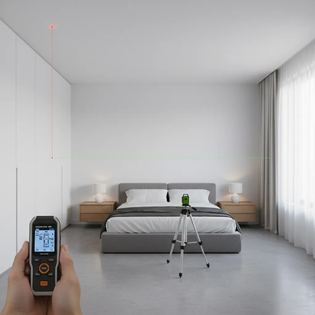 laser measuring device documenting a bedroom layout step by step