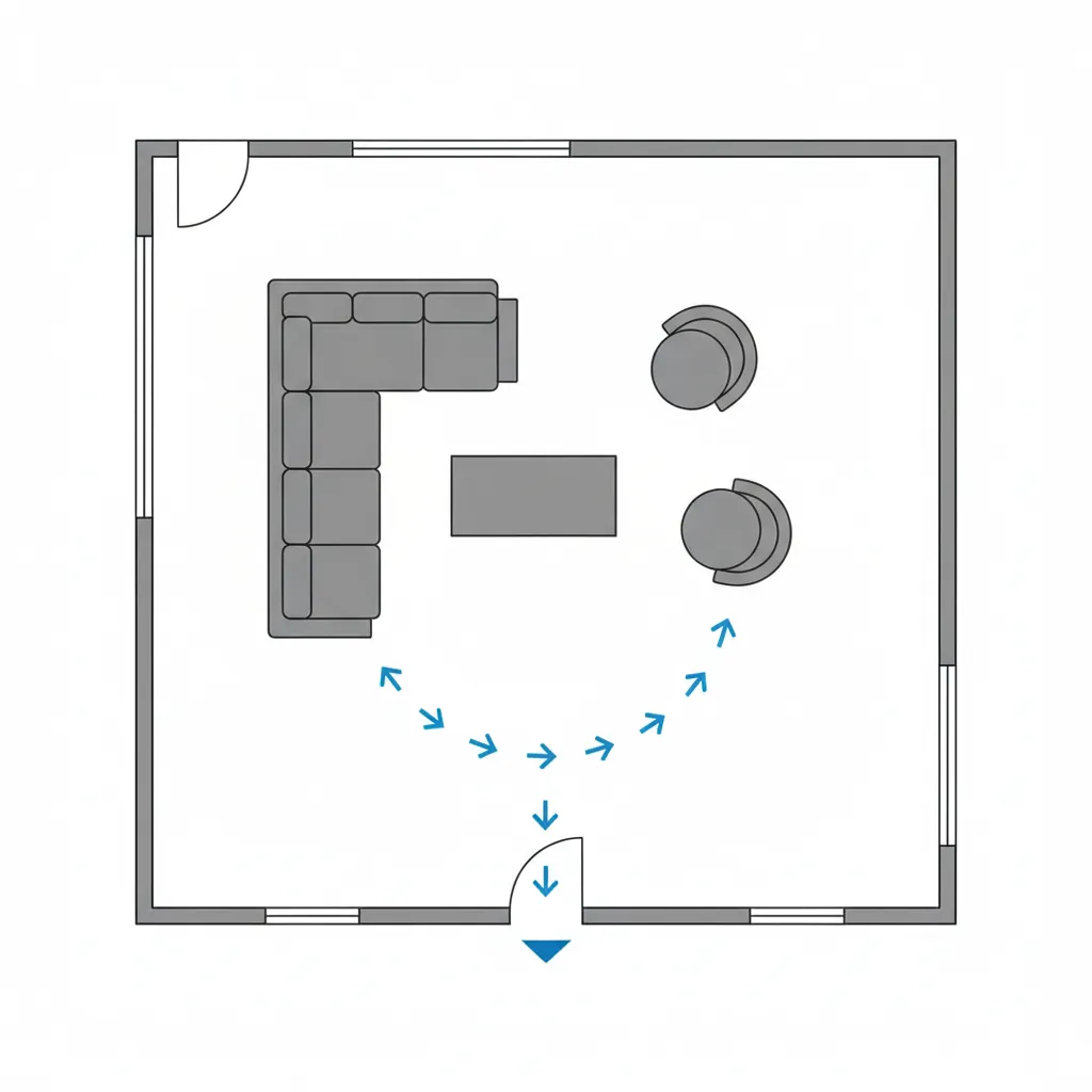 Living room floor plan showing walking paths and furniture spacing