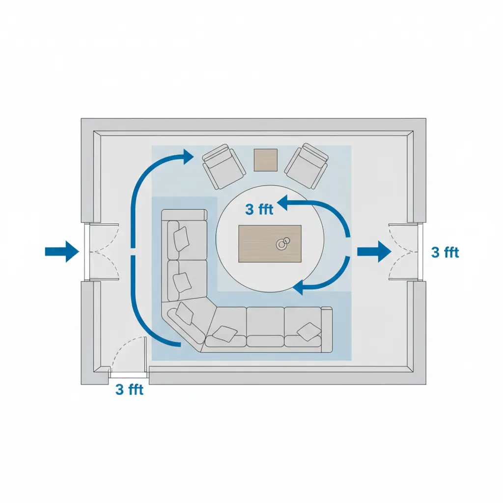 diagram showing walking circulation space in living room layout