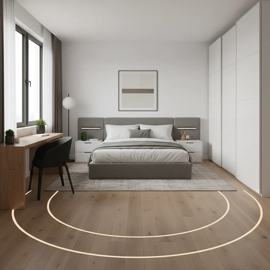 Interior design drawing of a warm bedroom with bed desk nightstand and sunlit large window