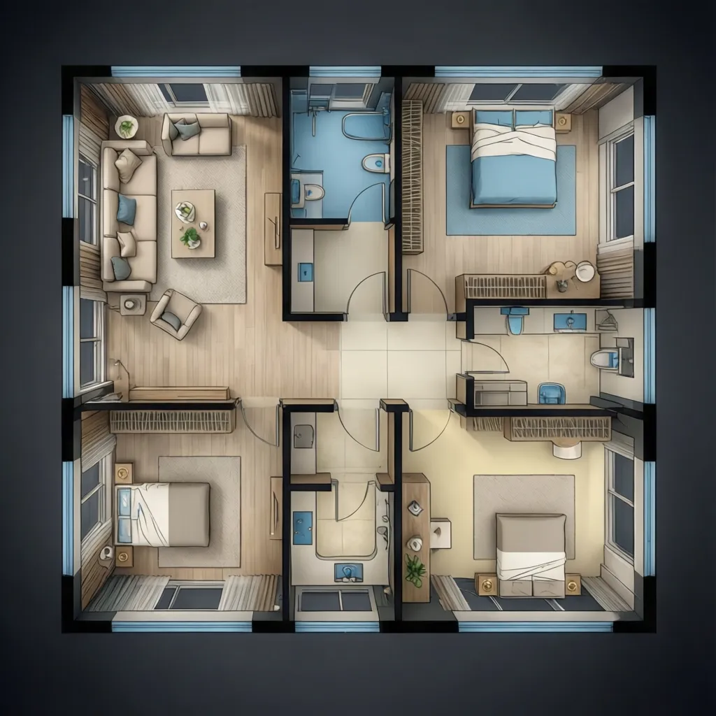floor plan visualization showing different wall colors assigned to each room type