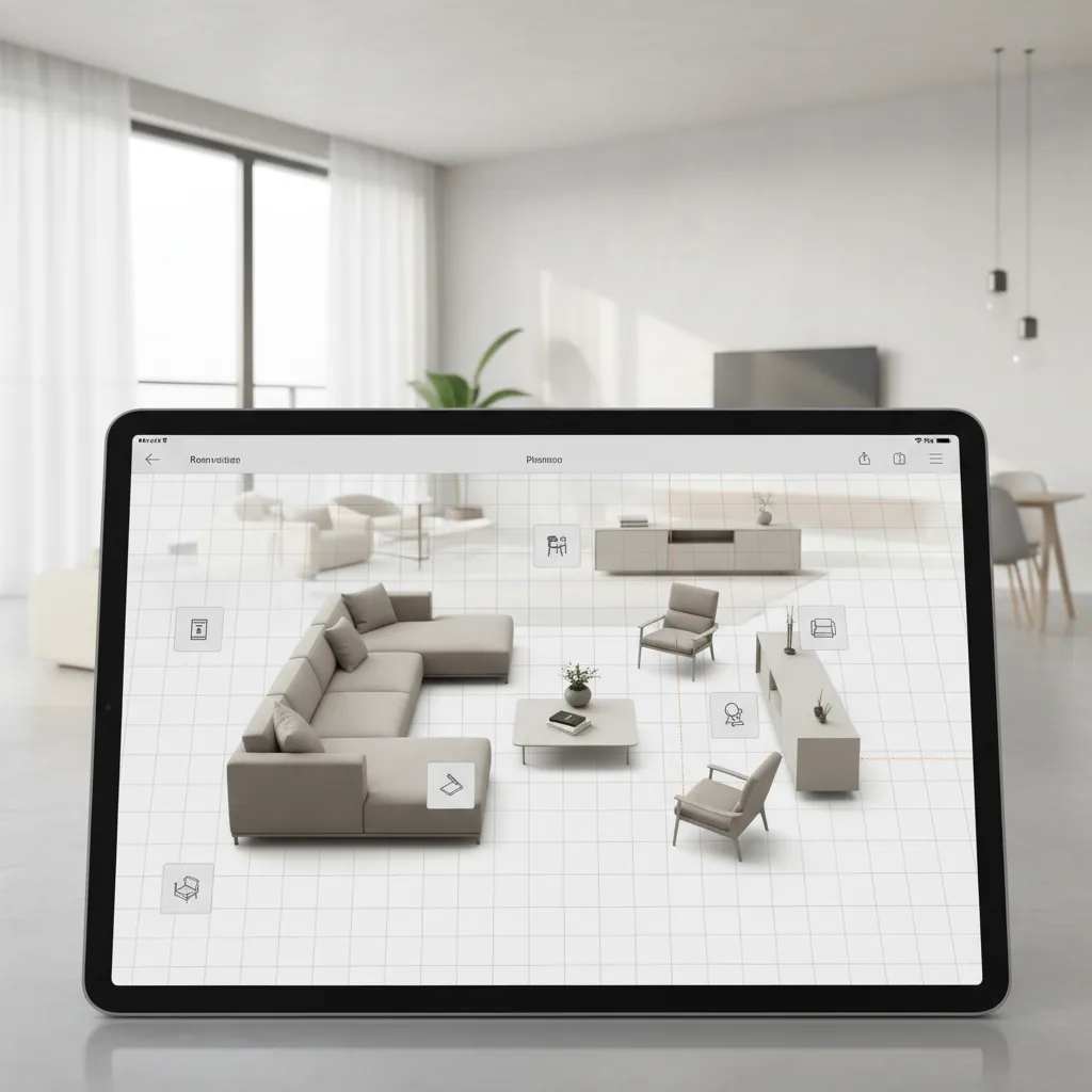 tablet showing 3D room layout planning app with furniture placement