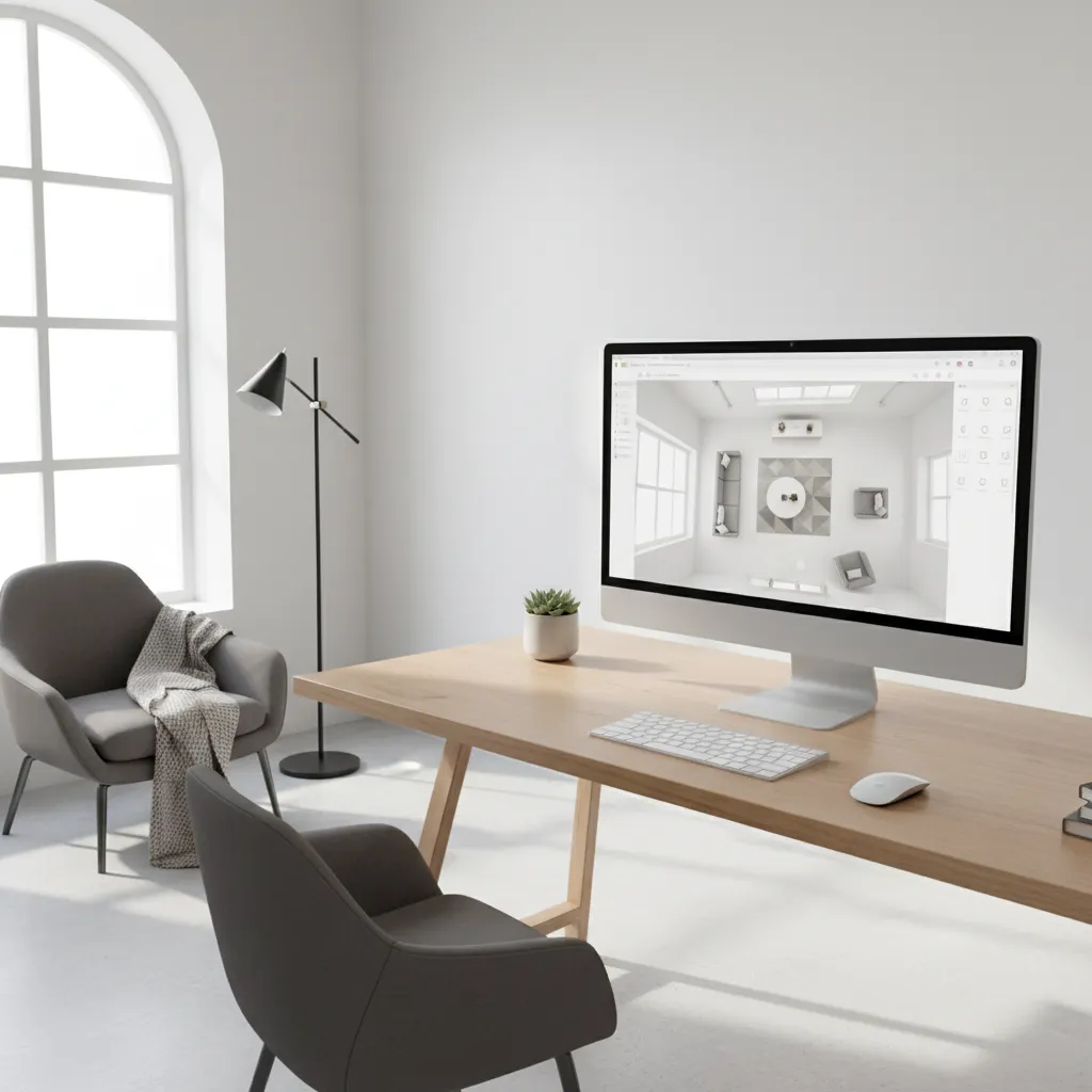 Desktop computer on wooden table displaying interior design drawing with grey chair and arched window