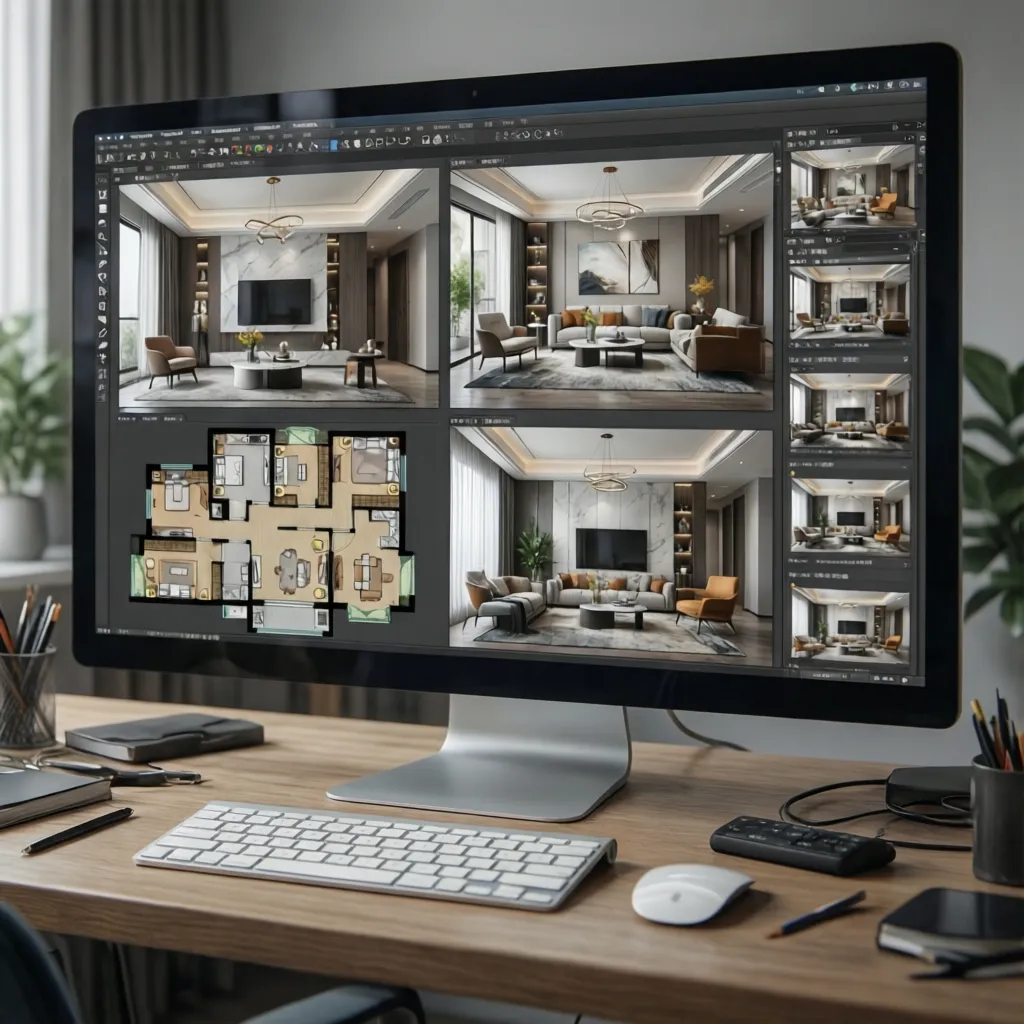 Monitor showing interior design software with room drawings, floor plan, keyboard, and mouse on desk