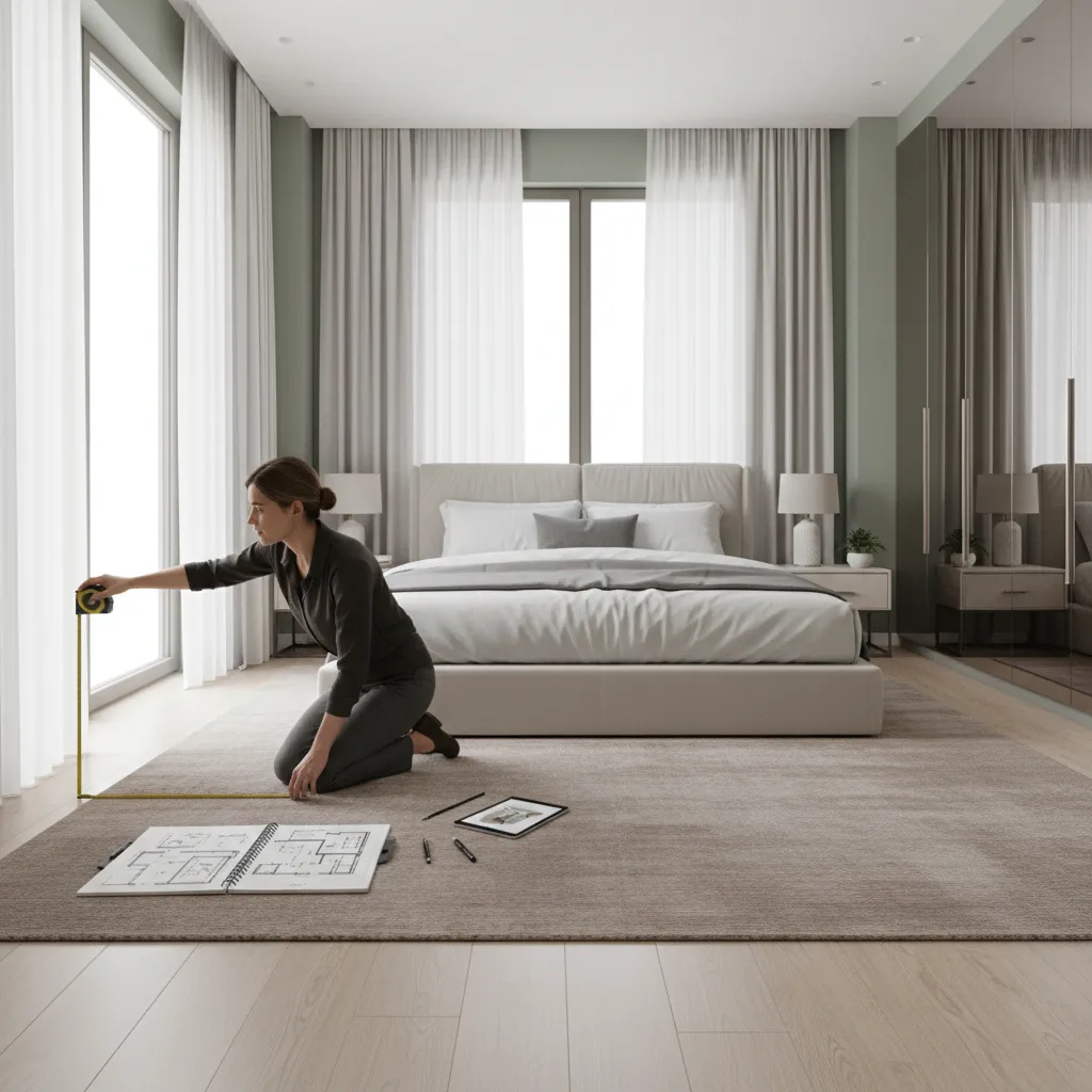 person planning bedroom layout with sketches and interior measurements