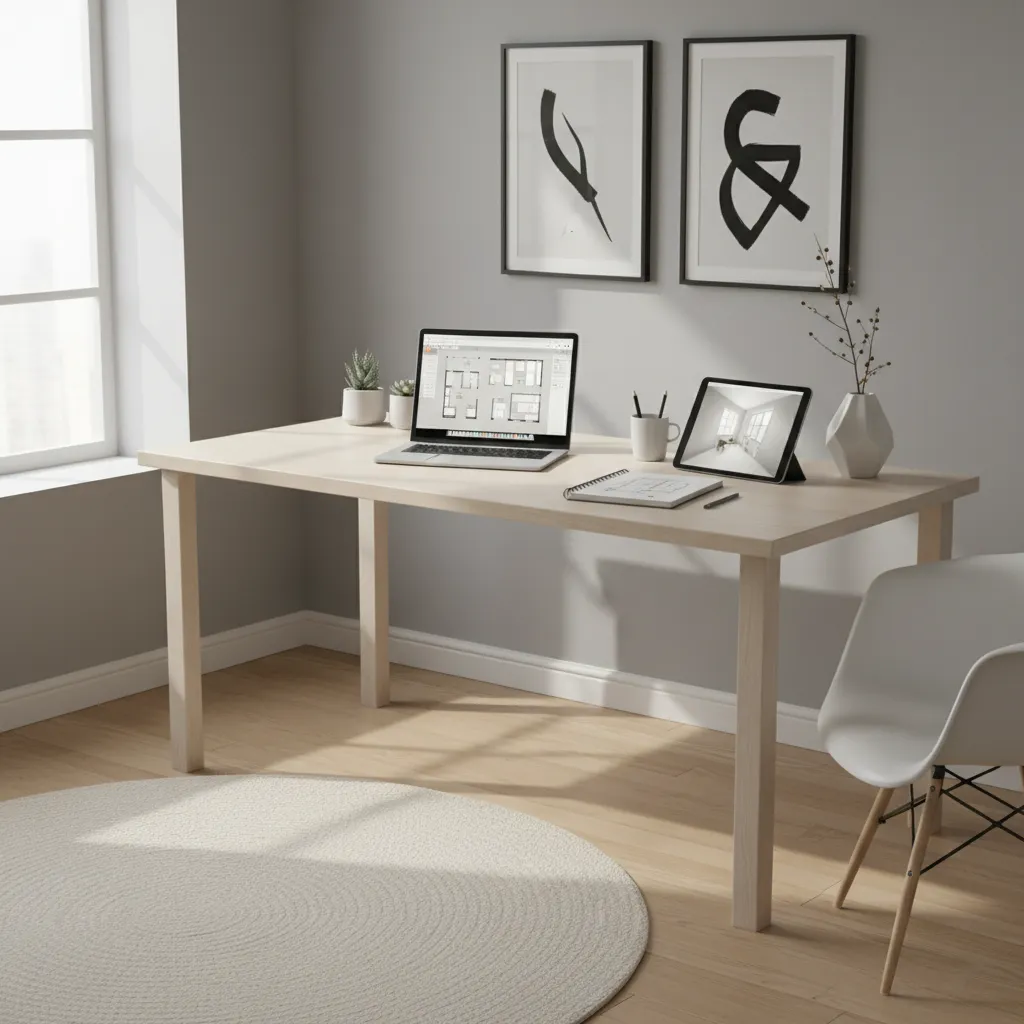 Interior designer workspace with laptop showing a room layout planning tool