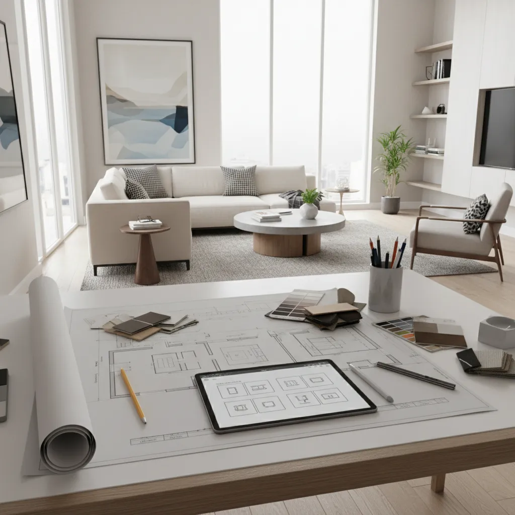 designer planning a room layout template with furniture zones in a modern living room