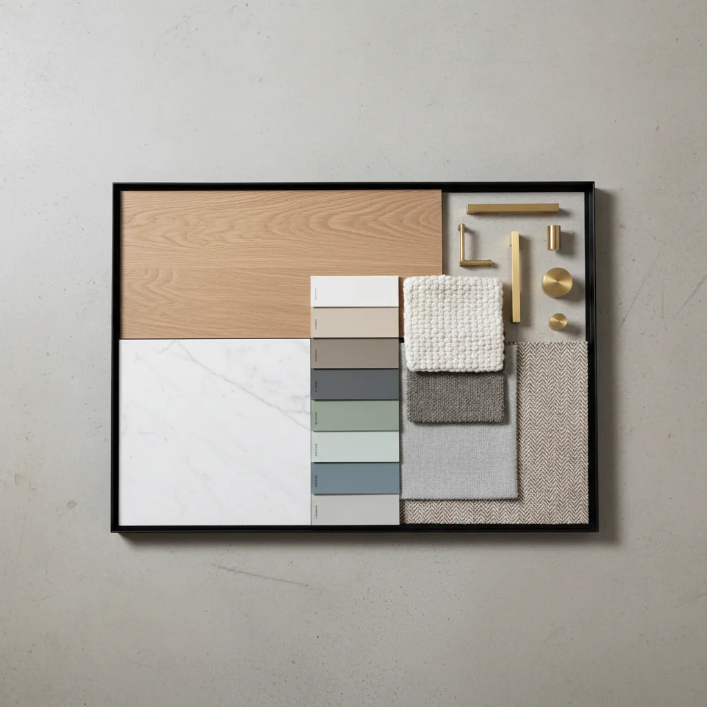Interior design material board showing flooring, paint, and tile selections for a living room