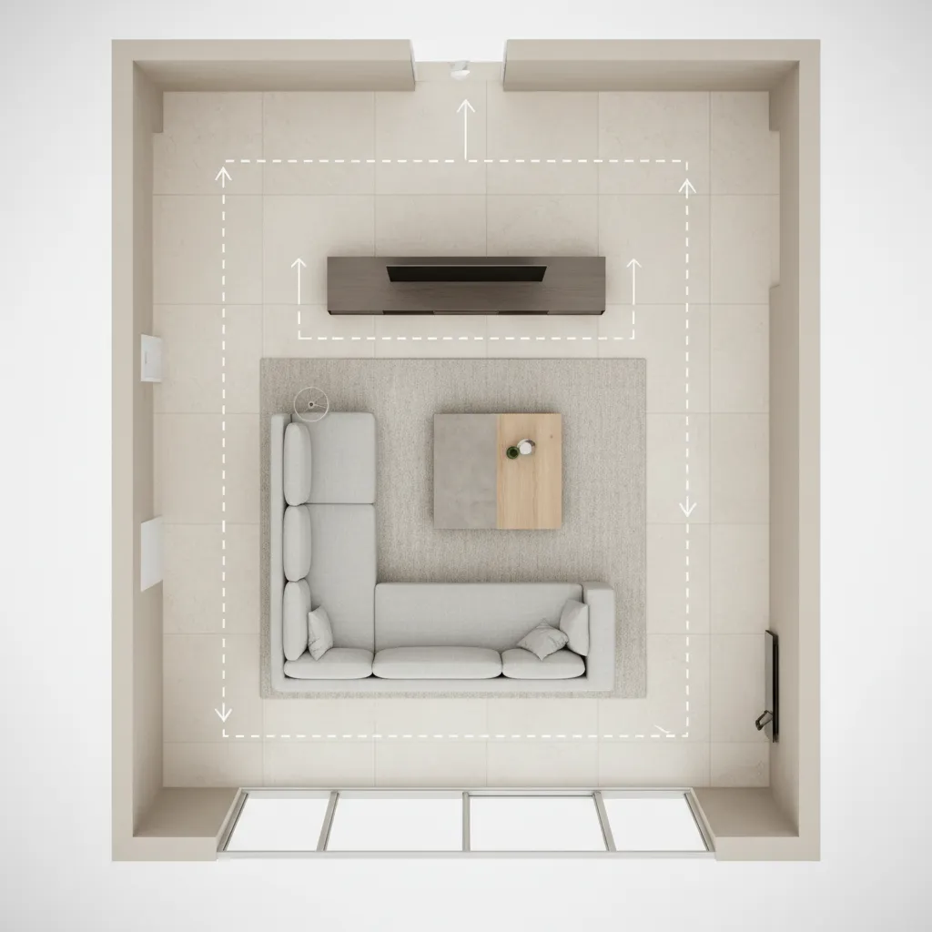 Simple living room floor plan showing furniture layout and walking paths