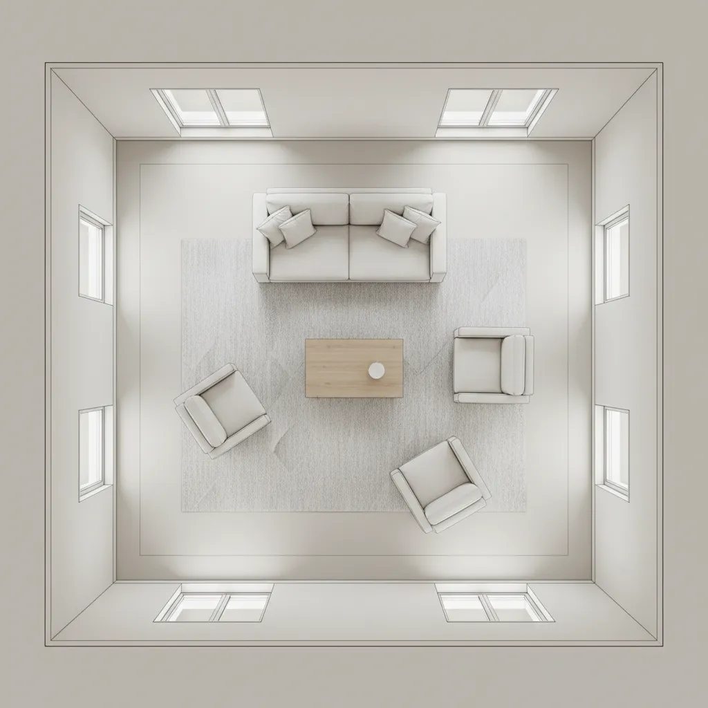 Top down floor plan of a living room with furniture placement and clear walking paths