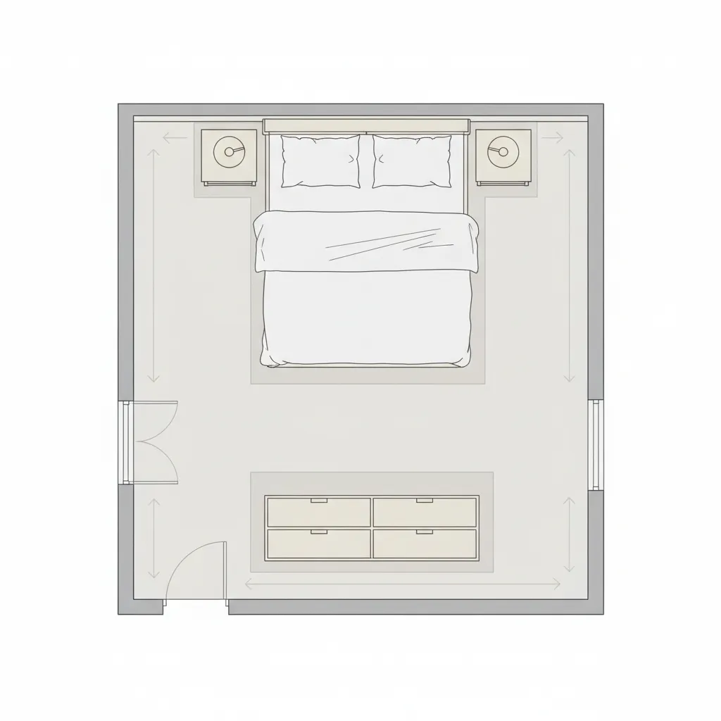 top view bedroom layout showing furniture placement and walking paths