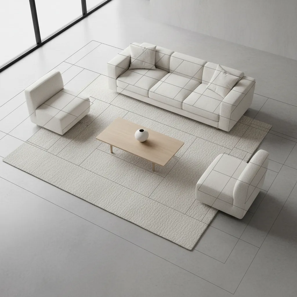 living room layout with grid planning lines and furniture zones
