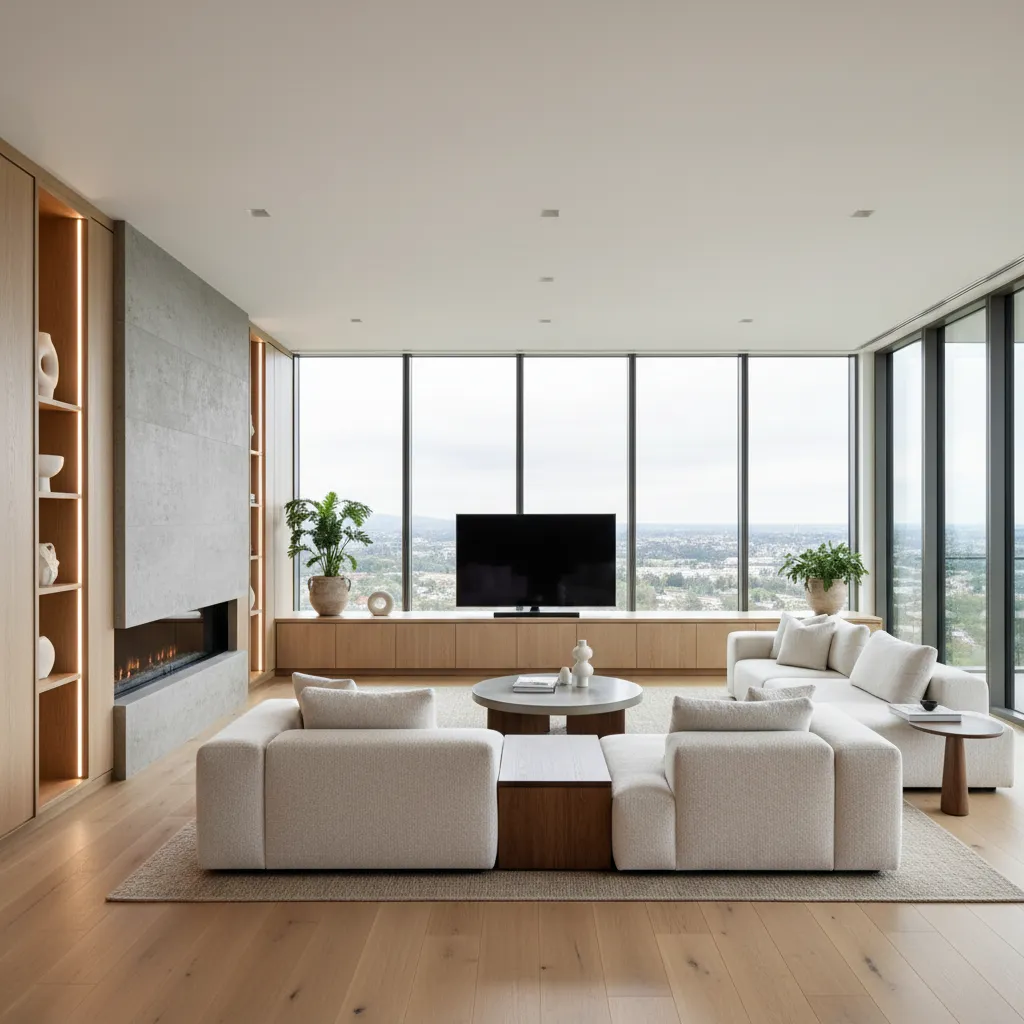 living room with large windows cabinets and fireplace reducing paintable wall space