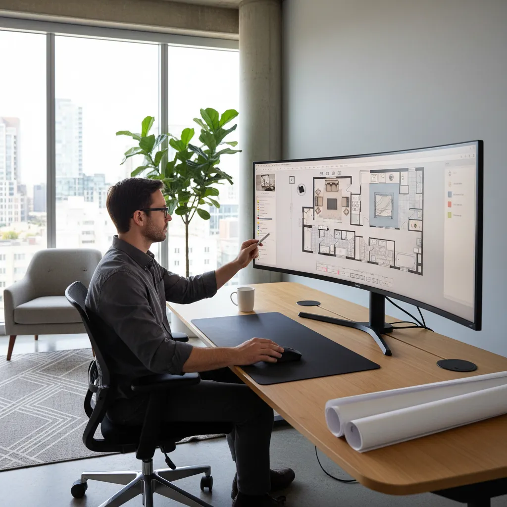 Plano digital de distribución de una vivienda en pantalla de ordenador