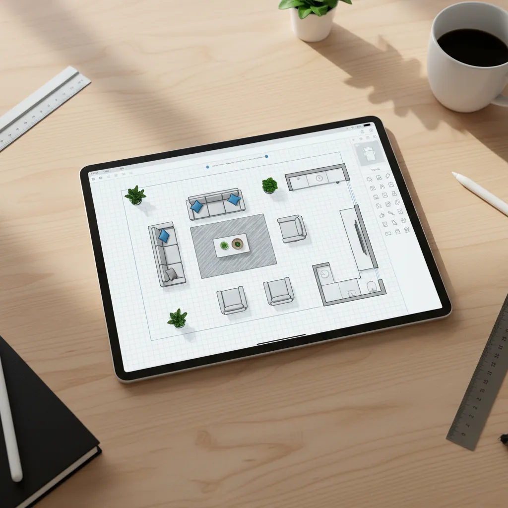 Plano digital de una sala creado en una aplicación de diseño interior