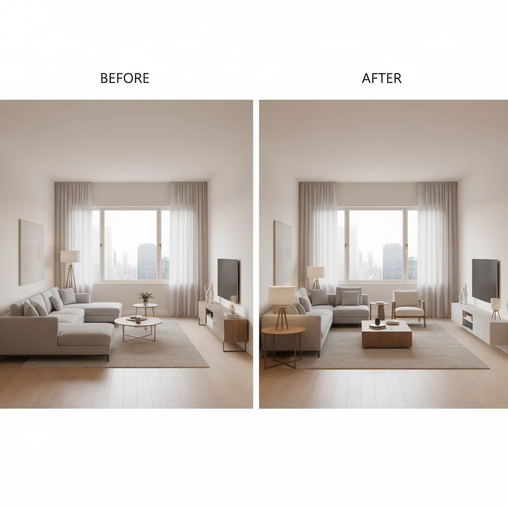 Before and after living room layout comparison using planning software