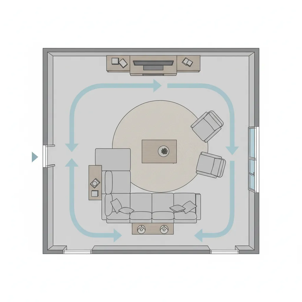 living room floor plan with highlighted circulation paths around furniture