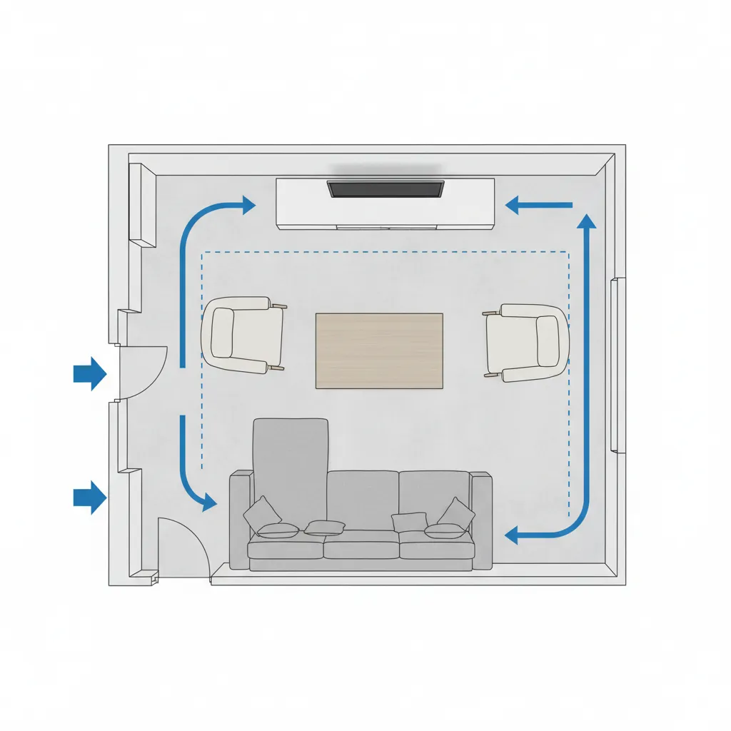 living room floor plan diagram highlighting walking circulation paths between furniture pieces